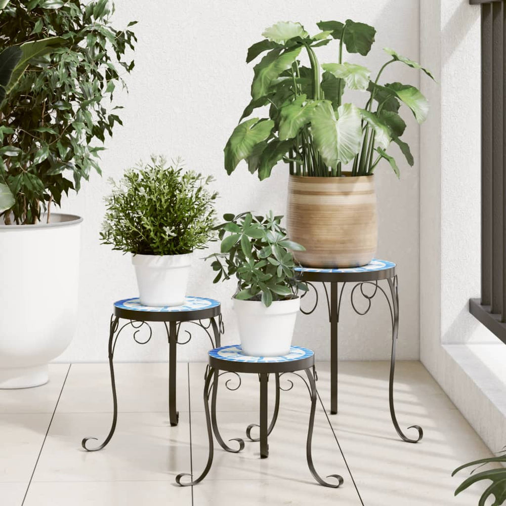 Blau-Weiße Keramik Pflanzenständer, 3er Set