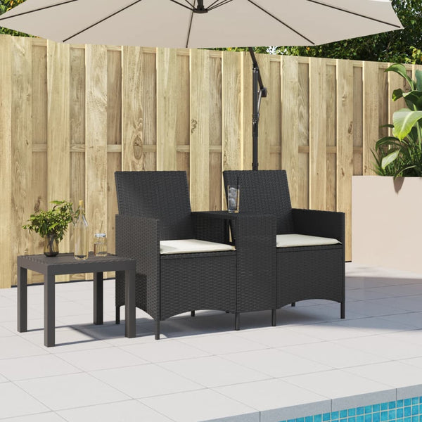 Gartensofa 2-Sitzer mit Tisch Schwarz Rattan