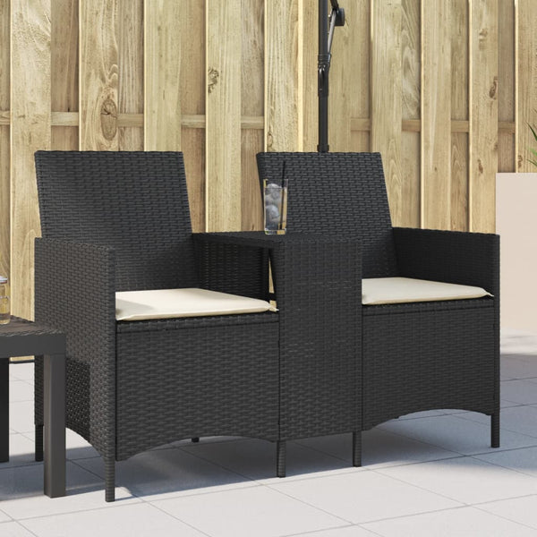 Gartensofa 2-Sitzer mit Tisch Schwarz Rattan