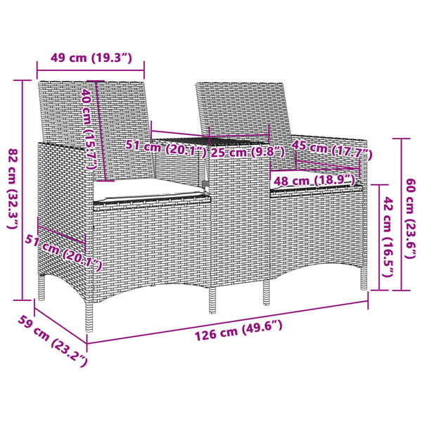 vidaXL Canapé de jardin 2 places avec table et coussins Gris clair résine tressée