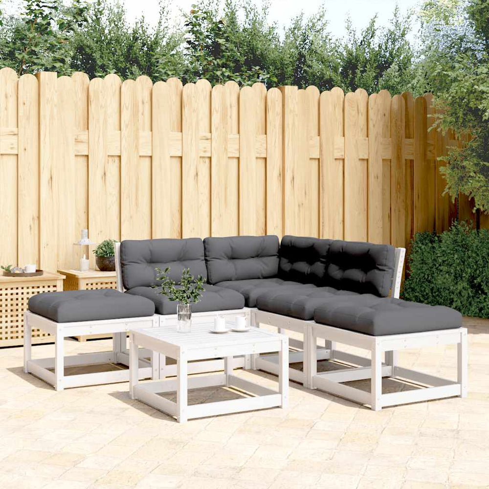 vidaXL Salon de jardin 5 pièces avec coussins Blanc Bois de pin massif