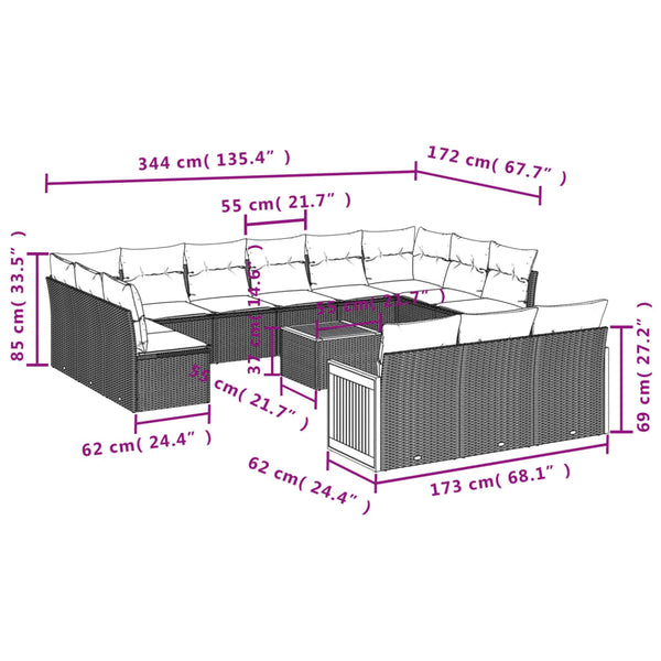 Gartensofa Set 16-teilig Grau Polyrattan mit Kissen