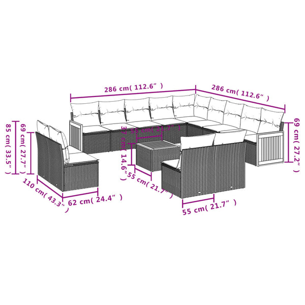 vidaXL Salon de jardin 14 pcs avec coussins Noir Résine tressée