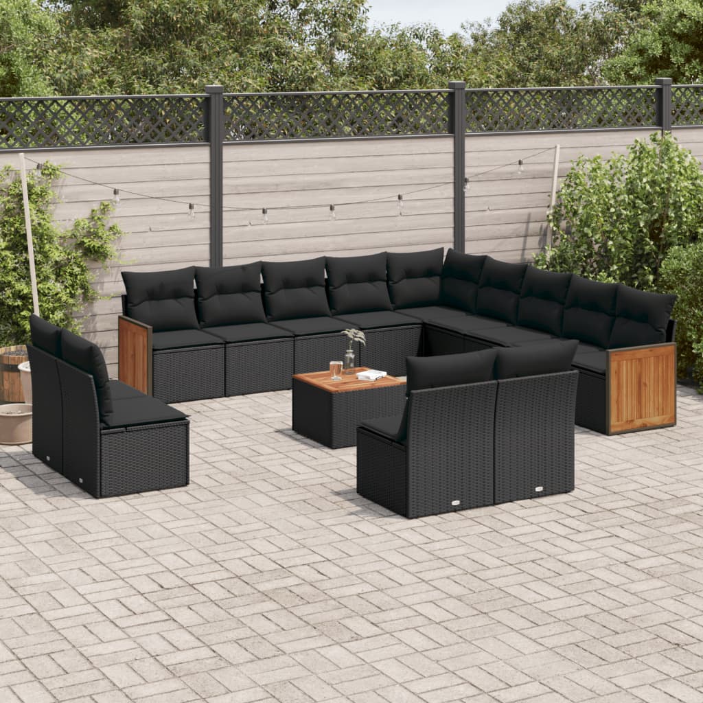 vidaXL Salon de jardin 14 pcs avec coussins Noir Résine tressée