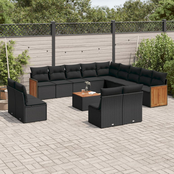 vidaXL Salon de jardin 14 pcs avec coussins Noir Résine tressée