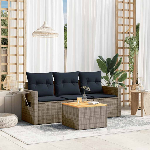 vidaXL 4-Piece Garden Sofa Set with Cushions, Grey, Poly Rattan