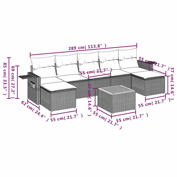 vidaXL 8-Piece Garden Sofa Set with Cushions, Grey, Poly Rattan