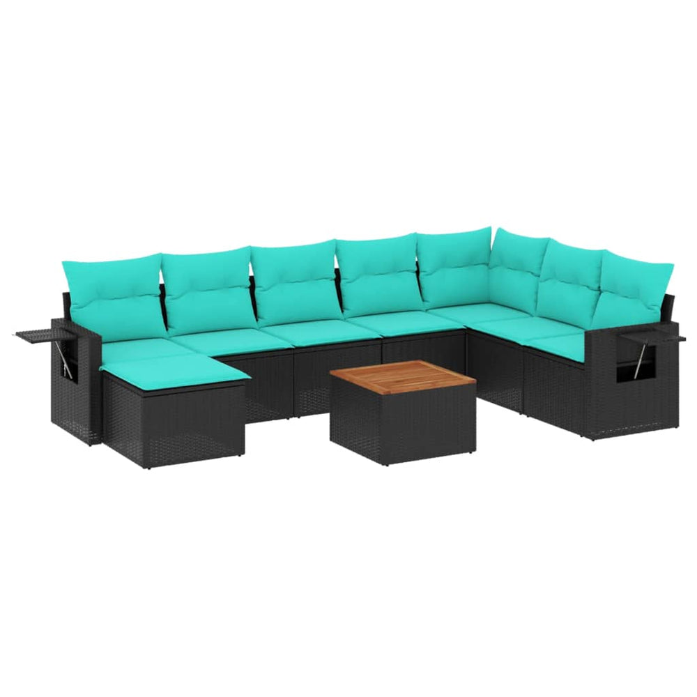 vidaXL Salon de jardin 9 pièces avec coussins, résine tressée noire