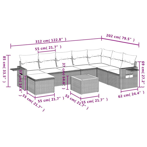 Schwarzes 9-teiliges Gartensofa-Set mit Kissen