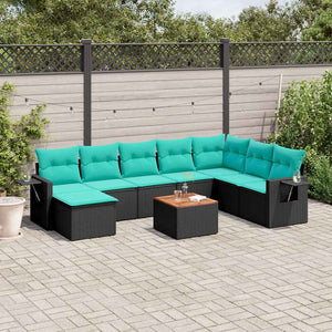 Schwarzes 9-teiliges Gartensofa-Set mit Kissen