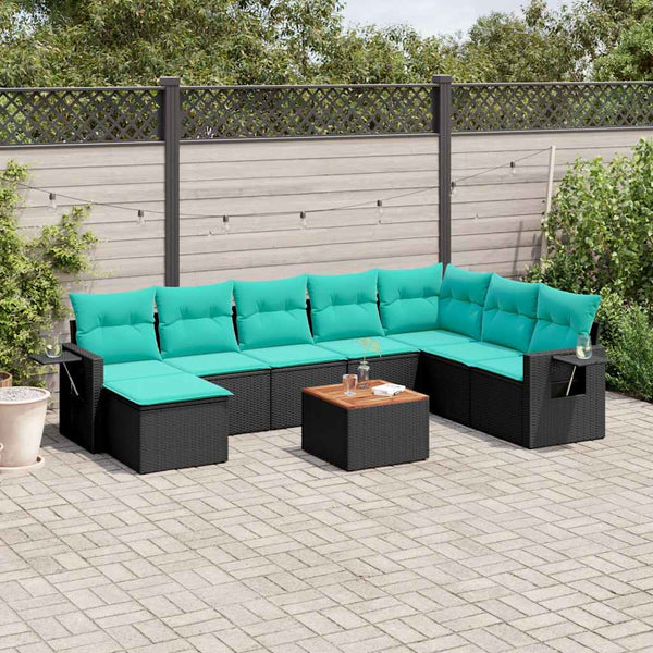 Schwarzes 9-teiliges Gartensofa-Set mit Kissen