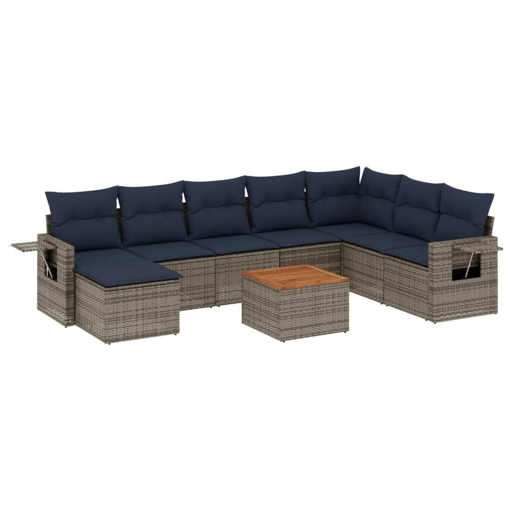 vidaXL 9-piece Garden Sofa Set with Cushions, Grey, Poly Rattan