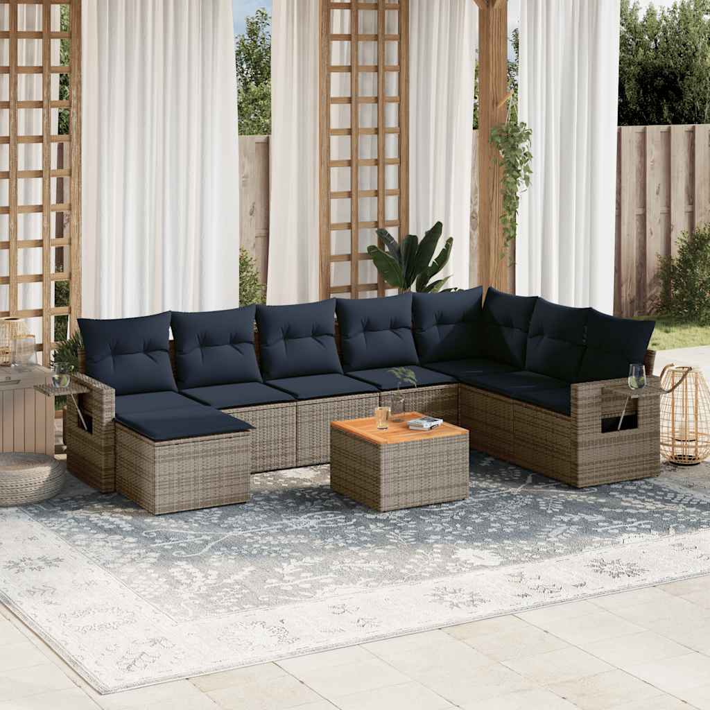 vidaXL Salon de jardin 9 pièces avec coussins, gris, résine tressée
