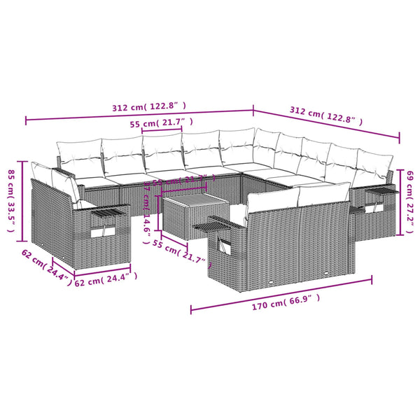 14-tlg. Garten Sofagarnitur Grau Poly Rattan