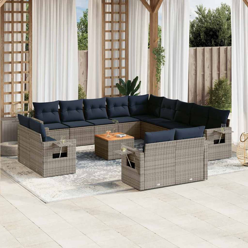 vidaXL 14-Piece Garden Sofa Set with Cushions Grey Poly Rattan