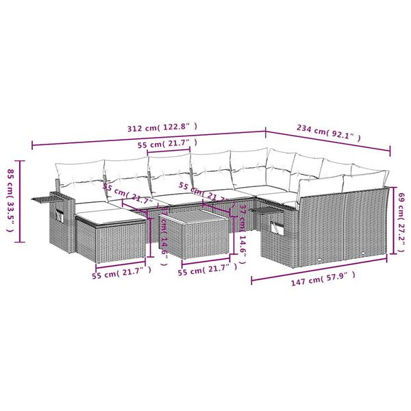 11-teiliges Gartensofa-Set Schwarz Polyrattan