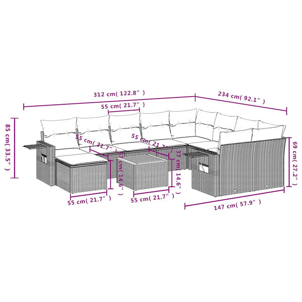 11-teiliges Gartensofa-Set Grau Polyrattan