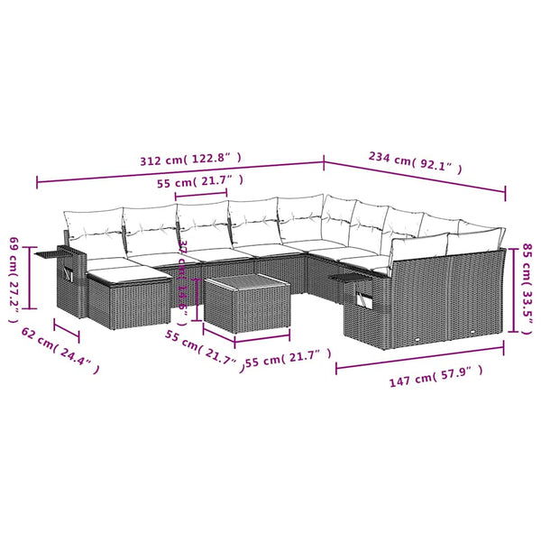 12-teiliges Gartensofa-Set mit Kissen Schwarz