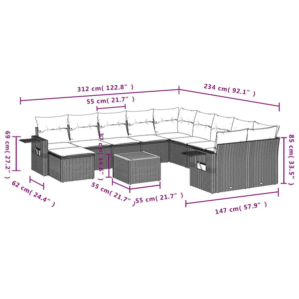 Gartensofa Set, 12-teilig, Grau Polyrattan