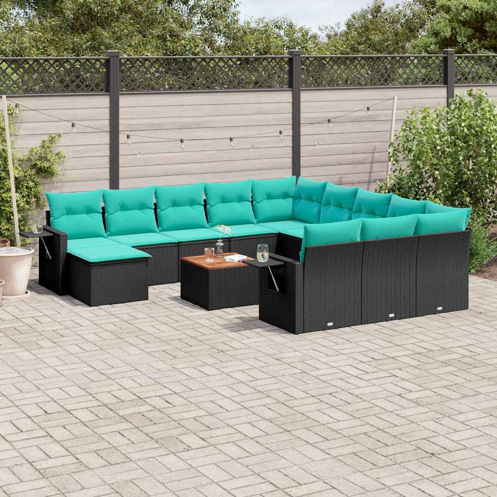 vidaXL 13-Piece Garden Sofa Set with Cushions, Black Poly Rattan