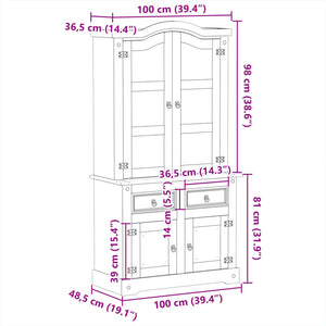 Massivholz Vitrine Kiefer 100x48,5x179 cm