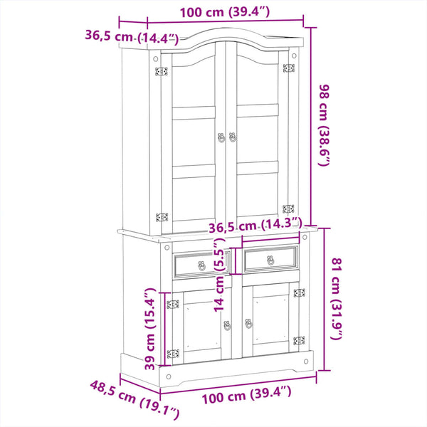 Massivholz Vitrine Kiefer 100x48,5x179 cm