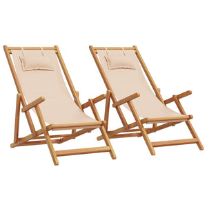 vidaXL Chaises de plage pliables 2 pcs Tissu et bois massif Beige