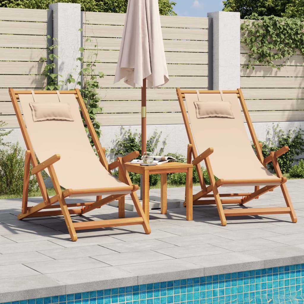 vidaXL Chaises de plage pliables 2 pcs Tissu et bois massif Beige