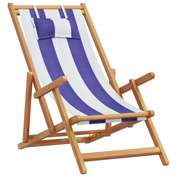 vidaXL Chaises de plage pliantes 2 pcs Tissu bleu et blanc et bois massif