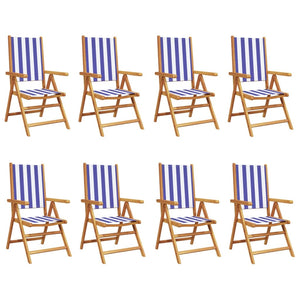 vidaXL Chaises de jardin réglables 8 pcs Tissu bleu et blanc et bois massif