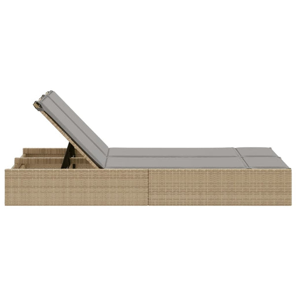 Doppel Sonnenliege Beige Poly Rattan mit Auflagen