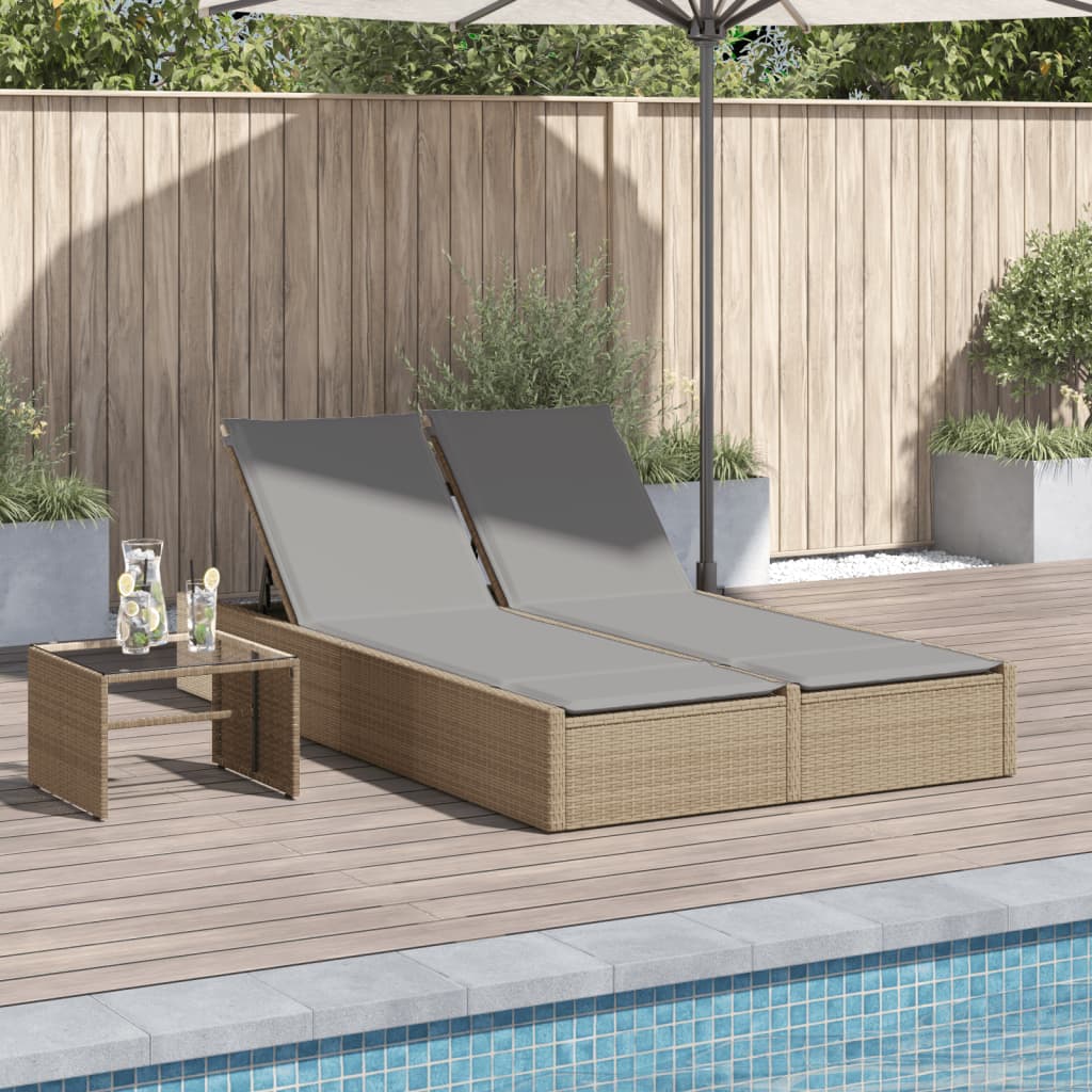 Doppel Sonnenliege Beige Poly Rattan mit Auflagen