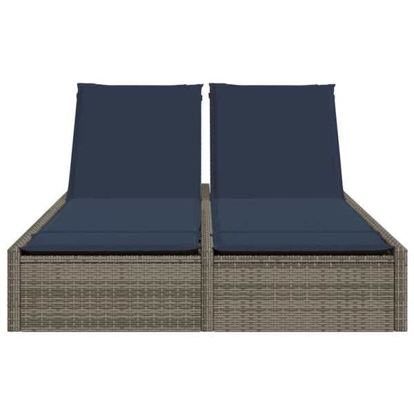 Doppelte Sonnenliege Grau Poly Rattan mit Kissen