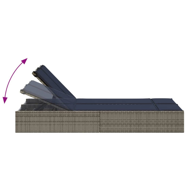 Doppelte Sonnenliege Grau Poly Rattan mit Kissen