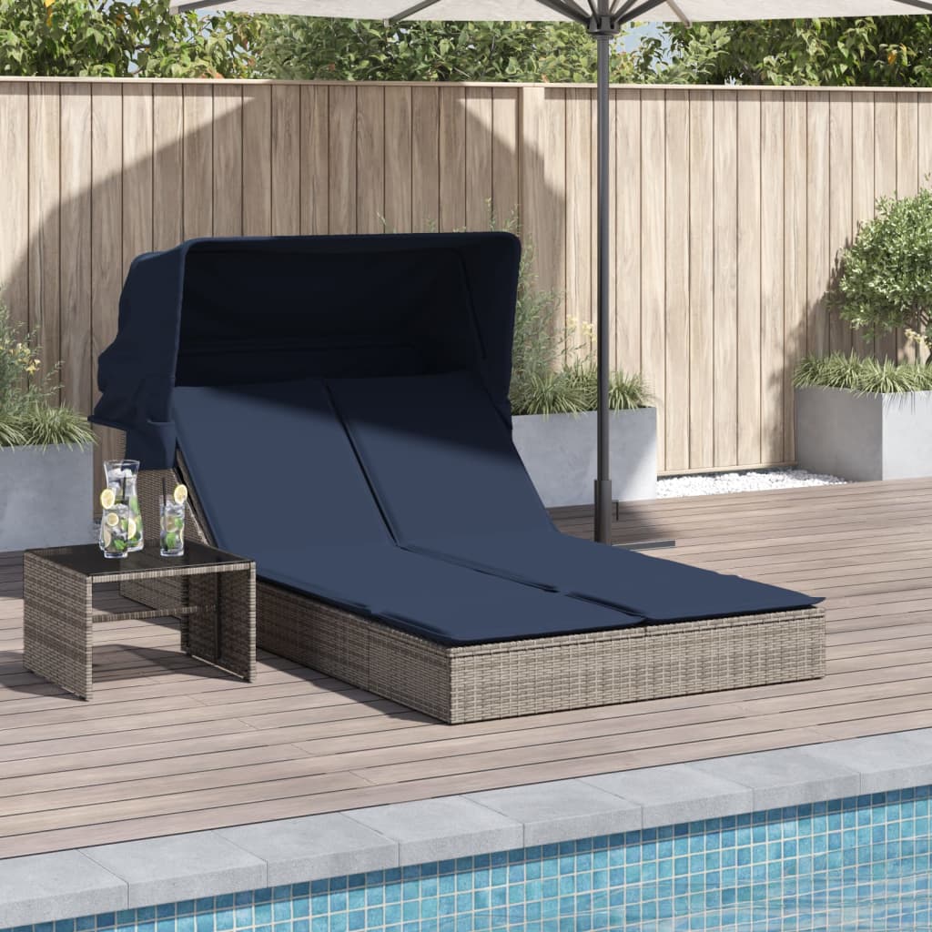 Doppelte Sonnenliege Polyrattan mit Baldachin Grau