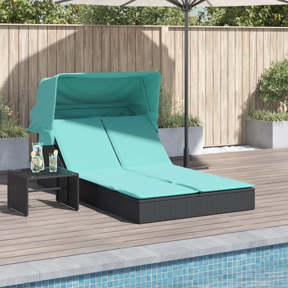 Doppelte Sonnenliege mit Baldachin, Polyrattan schwarz