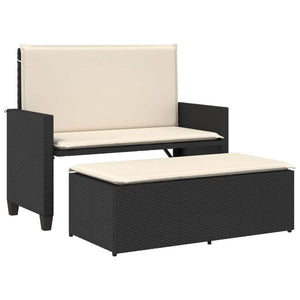 Gartenbank mit Hocker & Kissen, Poly Rattan Schwarz