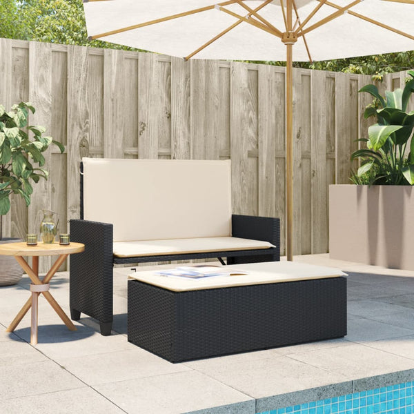Gartenbank mit Hocker & Kissen, Poly Rattan Schwarz
