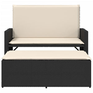 Gartenbank mit Hocker & Kissen, Poly Rattan Schwarz