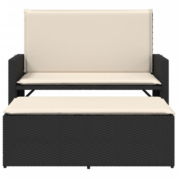 Gartenbank mit Hocker & Kissen, Poly Rattan Schwarz