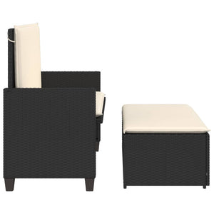 Gartenbank mit Hocker & Kissen, Poly Rattan Schwarz
