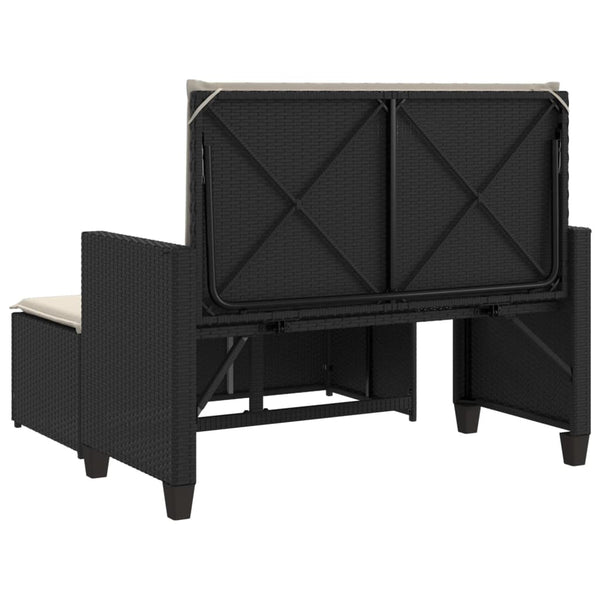 Gartenbank mit Hocker & Kissen, Poly Rattan Schwarz