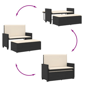 Gartenbank mit Hocker & Kissen, Poly Rattan Schwarz