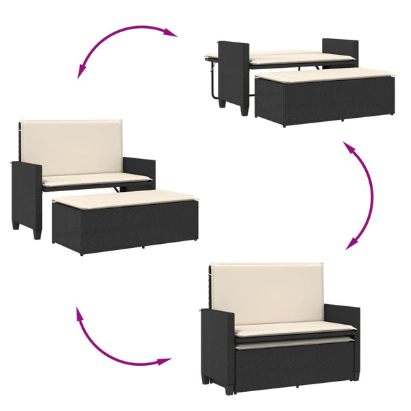 Gartenbank mit Hocker & Kissen, Poly Rattan Schwarz