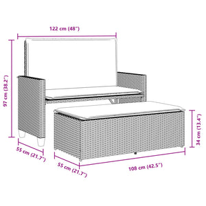 Gartenbank mit Hocker & Kissen, Poly Rattan Schwarz
