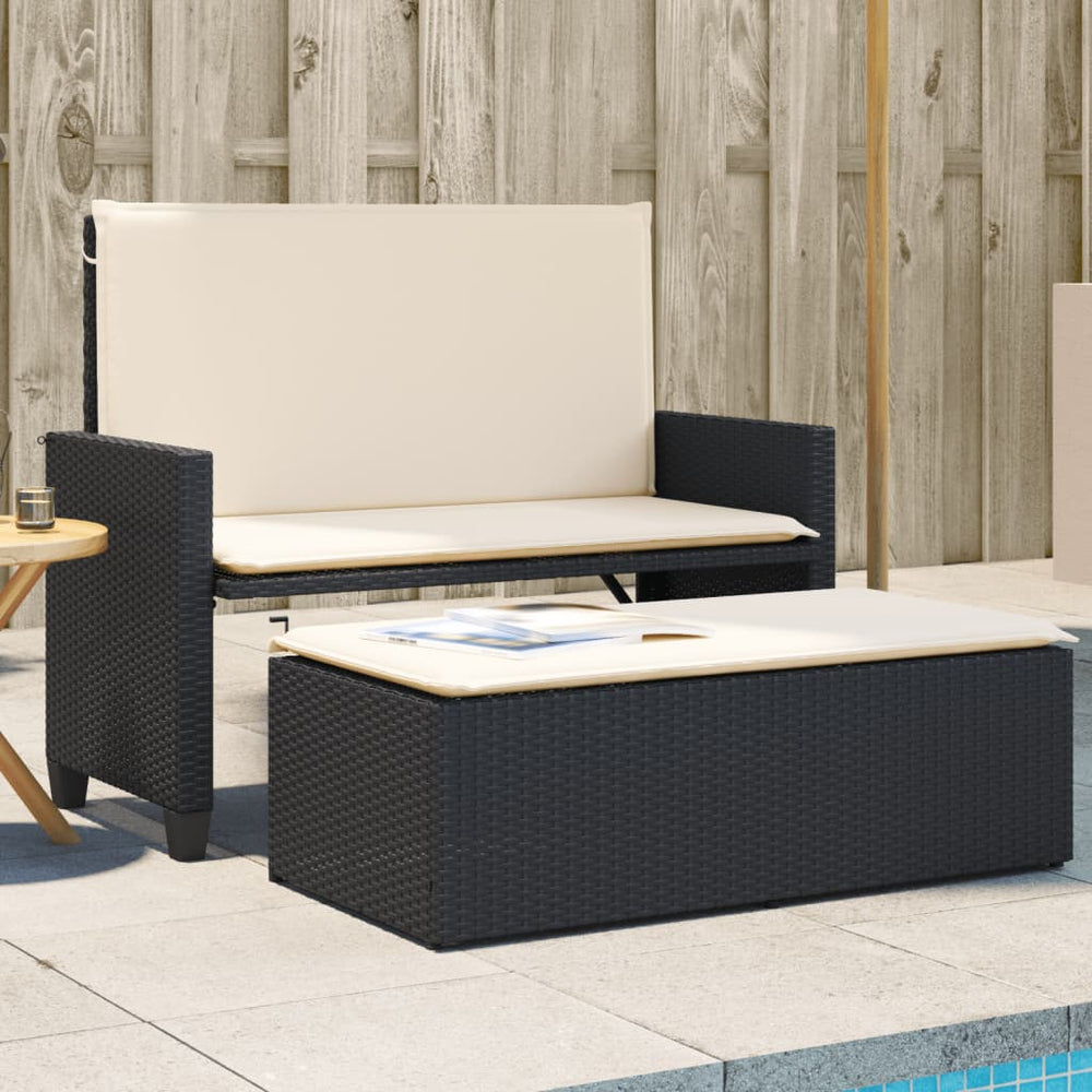 Gartenbank mit Hocker & Kissen, Poly Rattan Schwarz