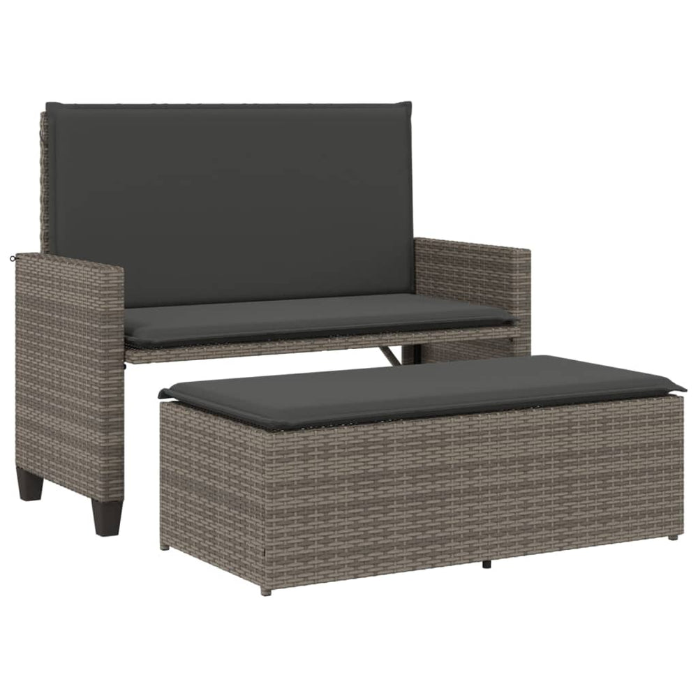 Gartenbank mit Kissen & Hocker Grau Rattan