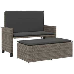 Gartenbank mit Kissen & Hocker Grau Rattan