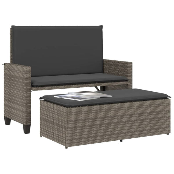 Gartenbank mit Kissen & Hocker Grau Rattan