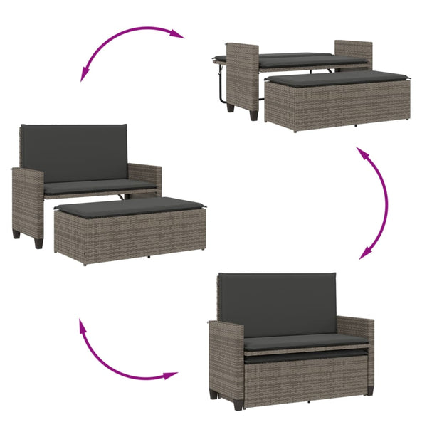 Gartenbank mit Kissen & Hocker Grau Rattan
